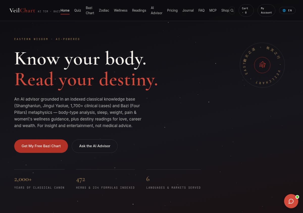 VeilChart — Free Bazi &amp; TCM Tools website screenshot