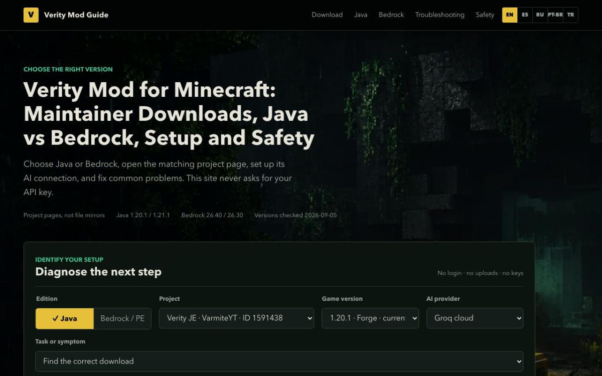Verity Mod Guide website screenshot