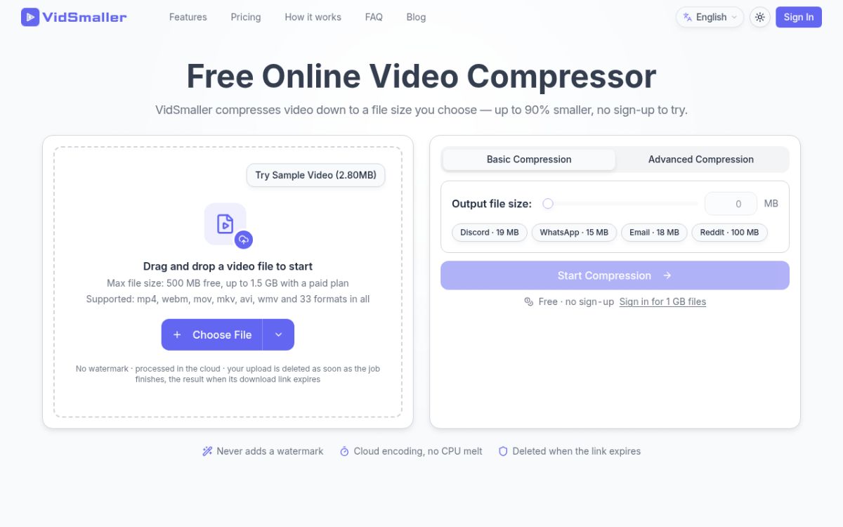 VidSmaller website screenshot