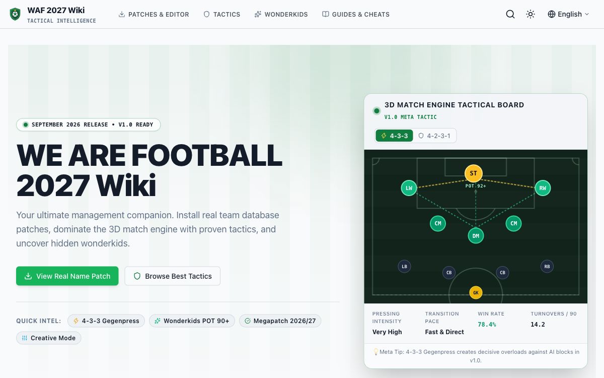 WAF2027 Wiki - WE ARE FOOTBALL 2027 Tactics, Patches &amp; Wonderkids website screenshot