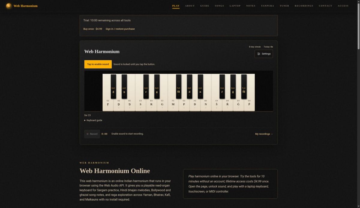 Web Harmonium website screenshot