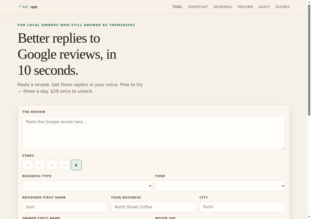 Wellreply — tools for local businesses website screenshot