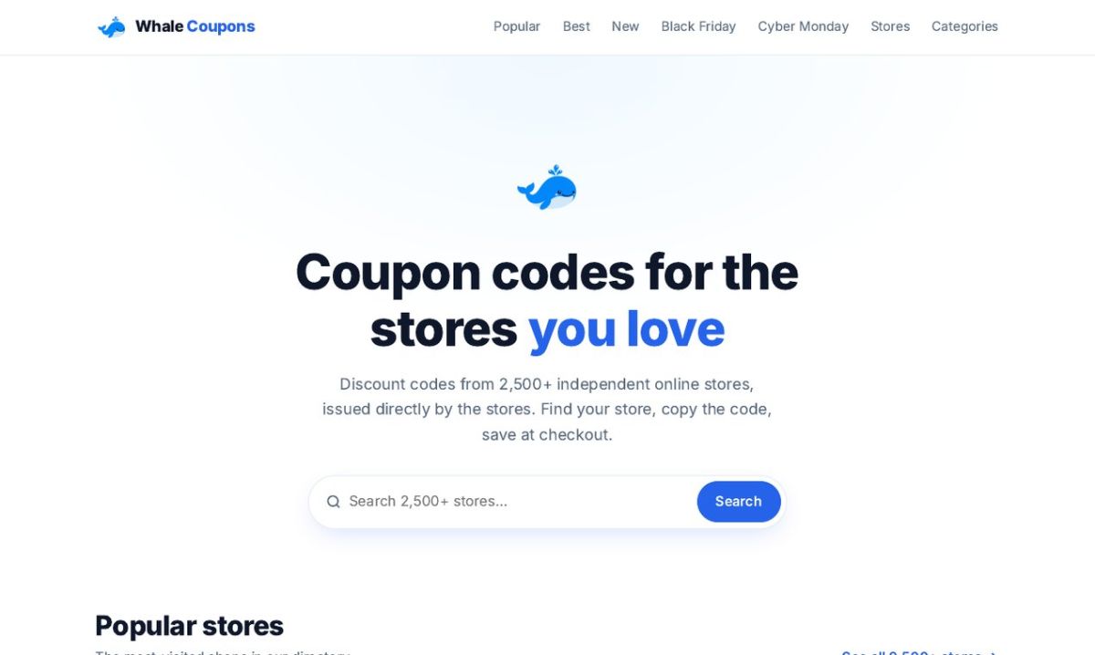 Whale Coupons website screenshot