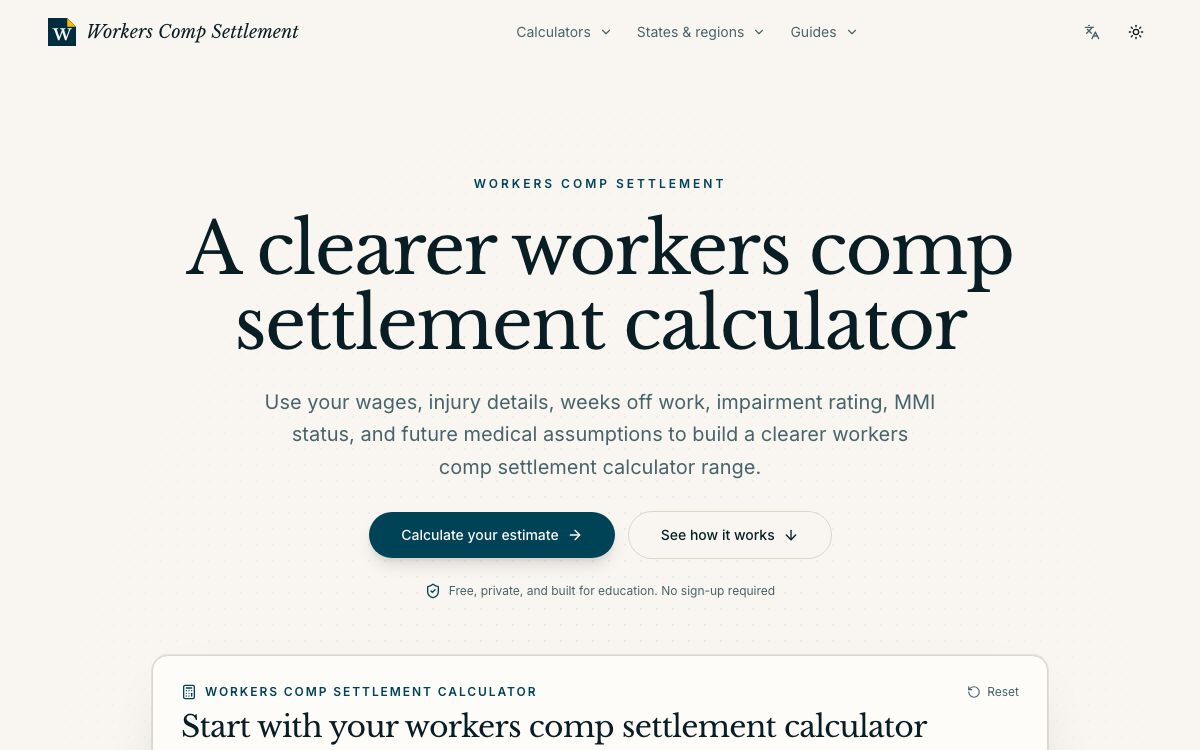 Workers Comp Settlement Calculator - State Payouts and Guides website screenshot