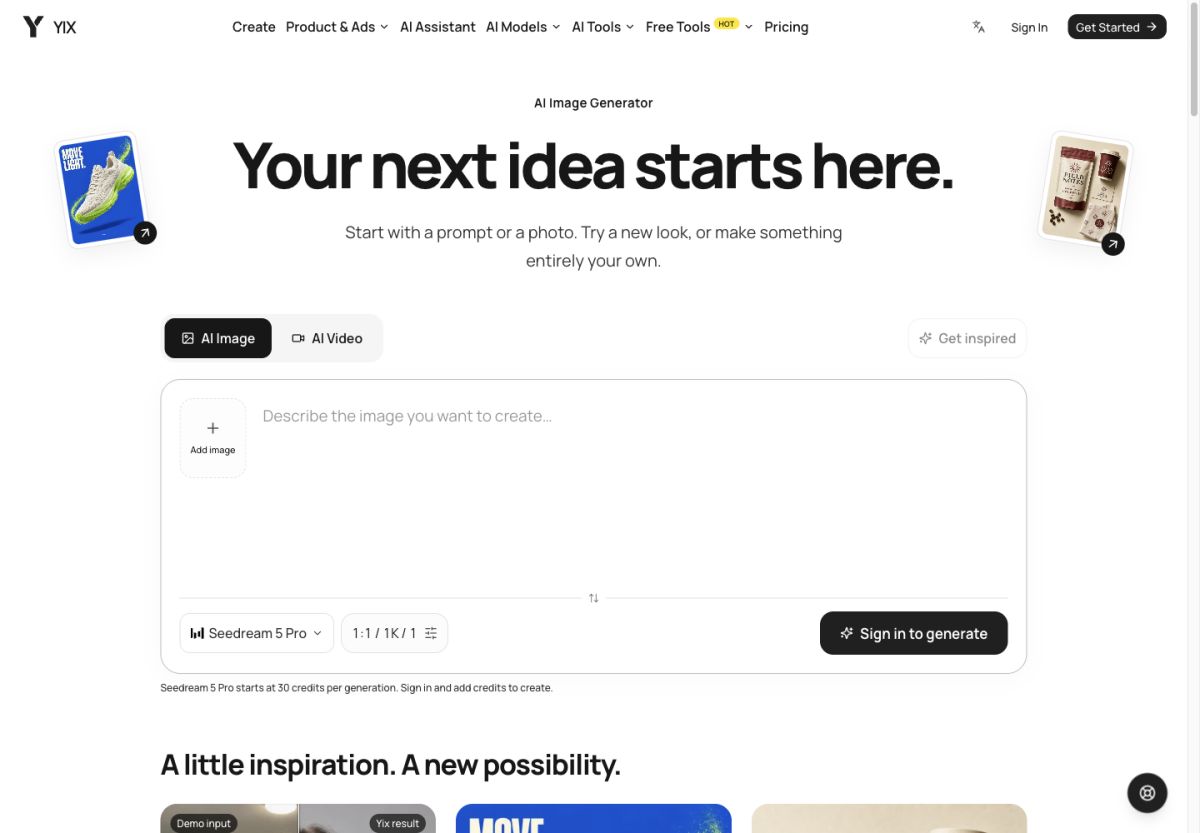 YIX AI Image and Video Studio website screenshot